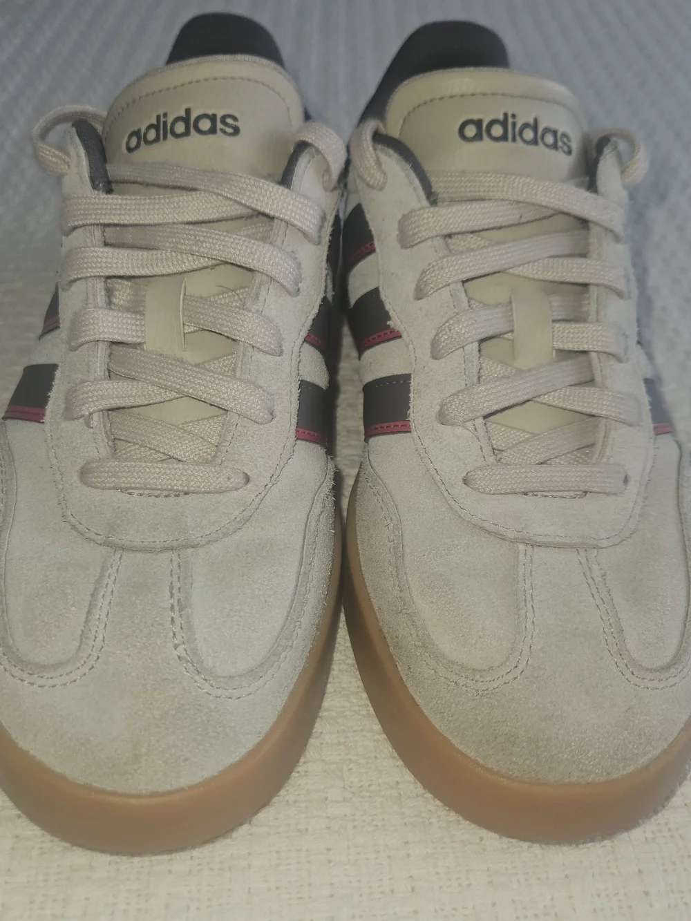adidas Men’s Beige Suede Sneakers with Black and Red Stripes